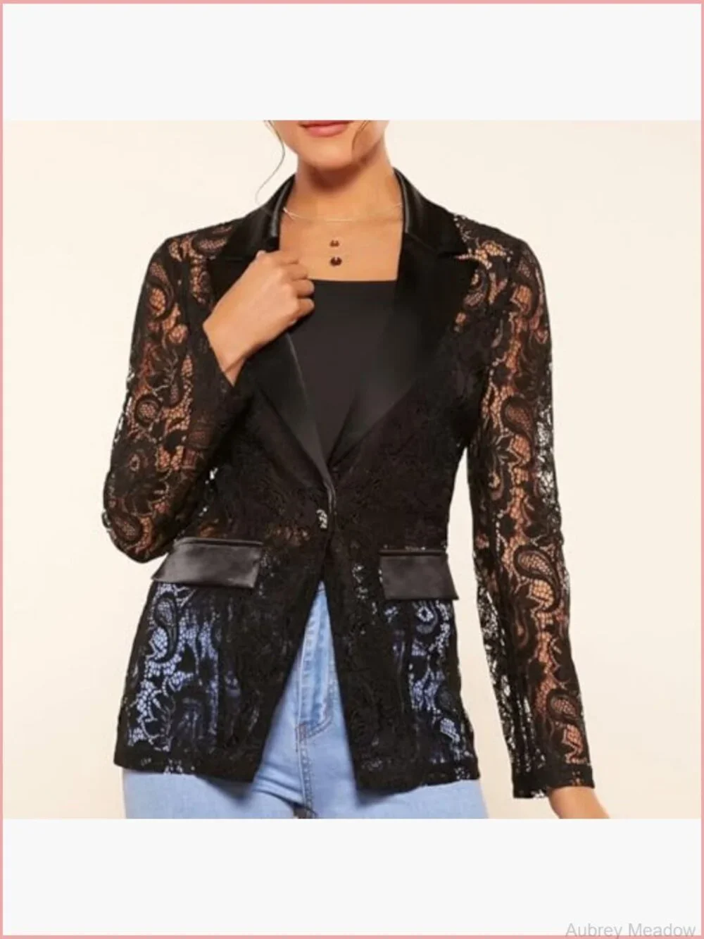 Floral Lace Blazer Single Button Lapel Neck Sheer Mesh Jacket